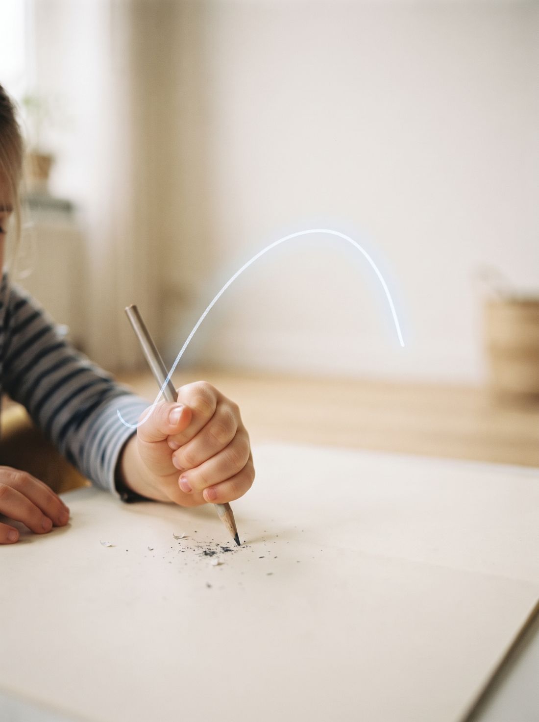 Primer plano de la mano de un niño apretando un lápiz con demasiada fuerza sobre una hoja de papel.