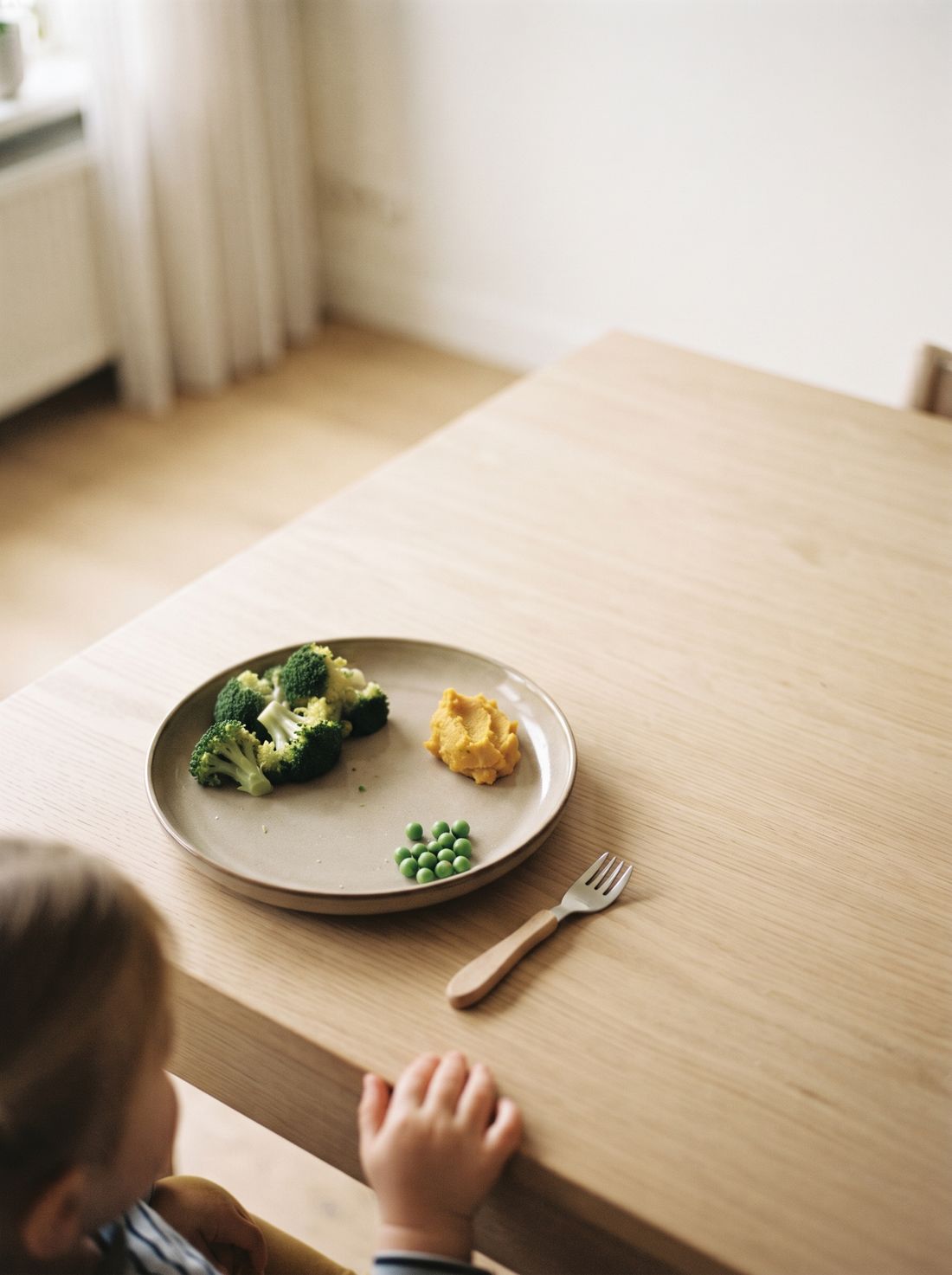Un plato infantil visto desde arriba, con la comida cuidadosamente separada por zonas y una mano retirándose del borde.
