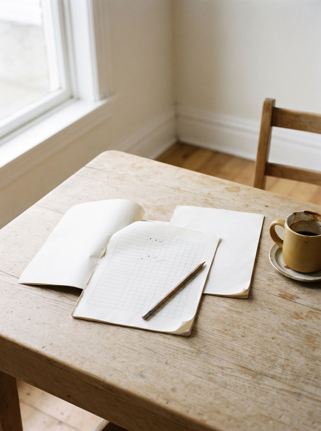 Hojas impresas de la guía sobre una mesa de madera, con una tabla de registro semanal marcada a mano y un lápiz al lado.